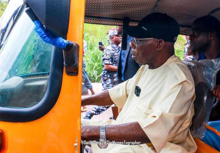 Photos:Obasanjo Turns ‘Tricycle Rider’, Picks Up Passengers In Ogun State[More Gists @Eagle’s Sight News]